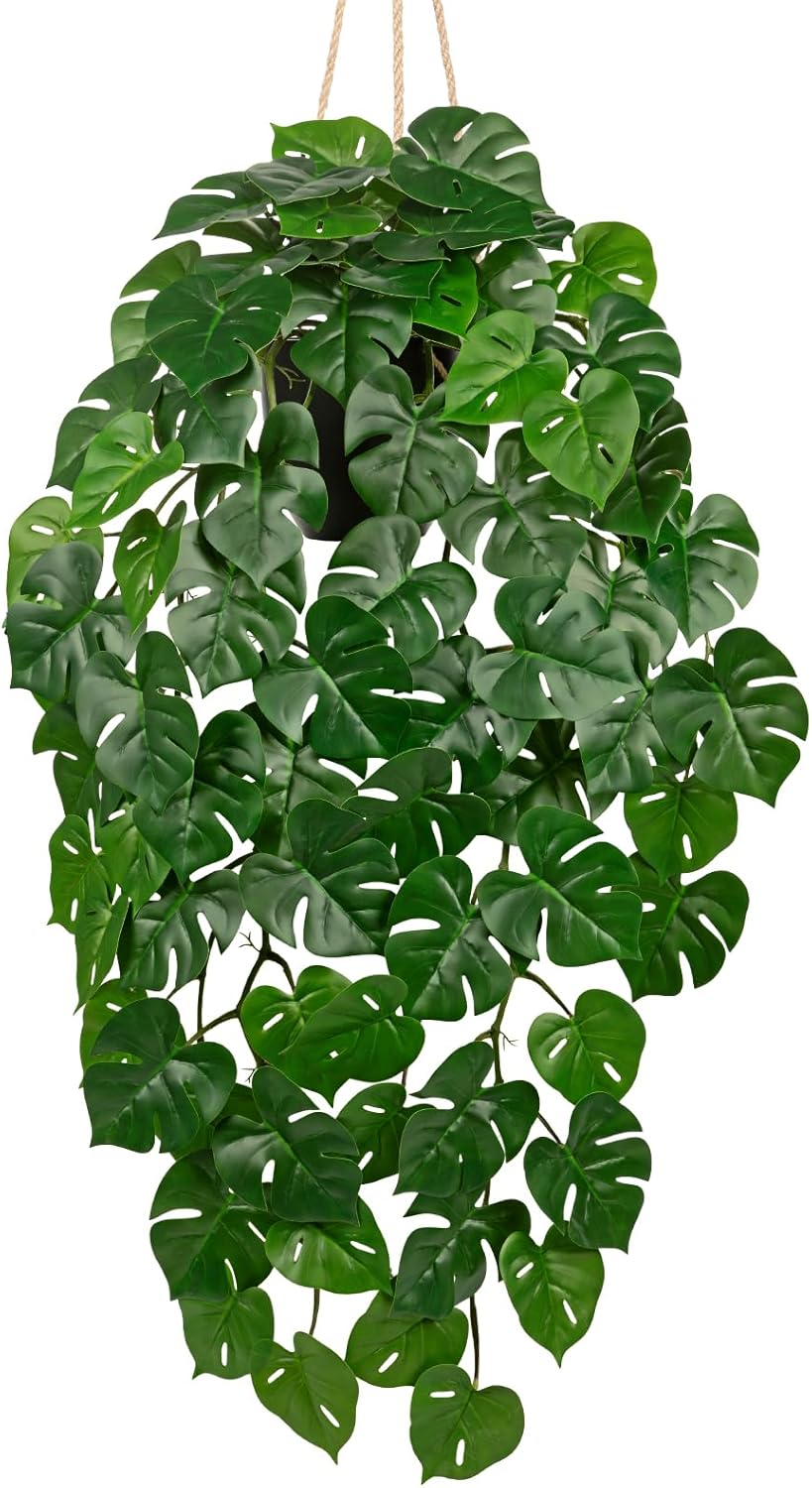 Large Fake Hanging Plants in Pot with Hook, 37" Artificial Hanging Monstera Leaves Vines Plants, Fake Potted Greenery Plant for Room Wall Living Room Bathroom Kitchen, Faux Ivy Houseplants for Shelf