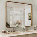 LOAAO 40X36 Inch Bathroom Mirror with Wood Grain Colored Metal Frame, Rounded Rectangle Metal Framed Bathroom Mirror, Anti-Rust, Hangs Horizontally or Vertically, Tempered Glass