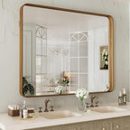 LOAAO 40X36 Inch Bathroom Mirror with Wood Grain Colored Metal Frame, Rounded Rectangle Metal Framed Bathroom Mirror, Anti-Rust, Hangs Horizontally or Vertically, Tempered Glass