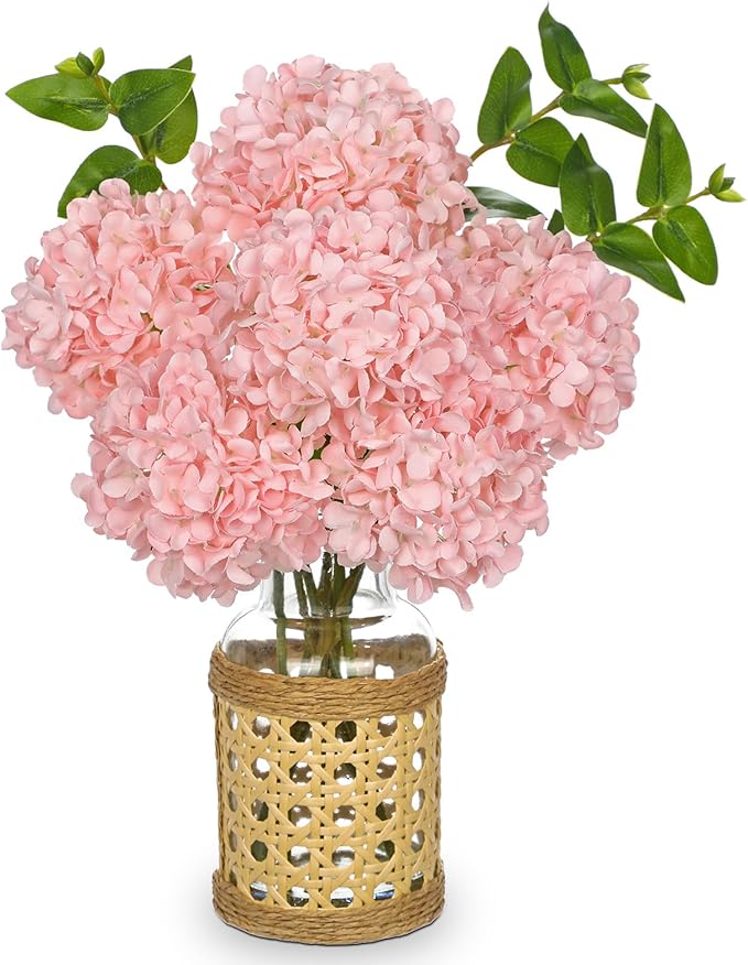 Hollyone Pink Hydrangea Artificial Flowers in Woven Glass Vase with Faux Water Silk Hydrangeas Fake Flowers Floral Arrangement for Home Indoor Bathroom Kitchen Office Table Centerpiece Shelf Decor
