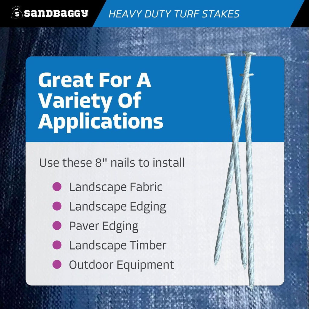 Sandbaggy 8" Heavy Duty Galvanized Artificial Turf Stakes - Spiral Landscape Nails - Ground Spikes/Pins - Synthetic Grass, Lawn, Edging, Weed Barrier Fabric, Garden (8 inch - Heavy Duty, 50, Count)
