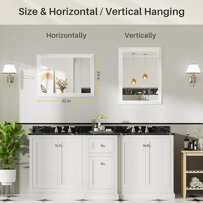 24x32 Inch White Bathroom Mirror for Wall, Thick Metal Framed Rectangle Mirrors for Over Sink, Bedroom, Living Room, Entryway, Anti-Rust, HD Tempered Glass