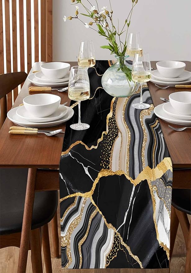 Geometric Black Marble Cotton Linen Table Runner for Dining Kitchen, Wedding Outdoor Party Tablerunners Decoration, Farm Marble Liquid Ripple Abstract Dresser Scarf Coffee Tablecloth Runners 13''x48''