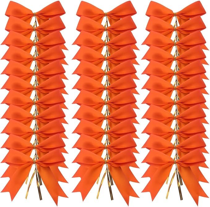 50pcs 3-1/2" Orange Twist Ties Satin Bows in Pumpkin Color Twist Tie Bows for Thanks Giving Halloween Wrapping Fish Tail Cutting(Orange)