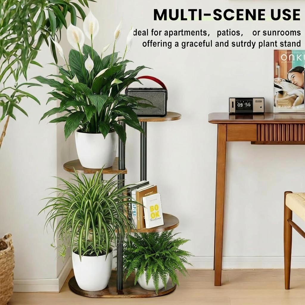 Korrie Home Tiered Plant Stand Indoor, Tall 4 Tier 5 Potted Wooden Plant Shelf for Multiple Flower Plants, Multi Corner Metal Plant Holder Indoor for Patio Garden Patent Design Living Room Balcony Bedroom, Rustic Brown