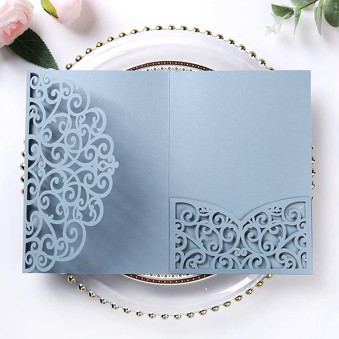 PONATIA 5.12 x 7.2 Dusty Blue Laser Cut Invitation Pocket, 20PCS Tri-Fold 5 x 7 Laser Cut Wedding Invitation Pockets with Envelopes for Wedding Bbay Shower Birthday Sweet 16 Invite (No Inner Sheet)