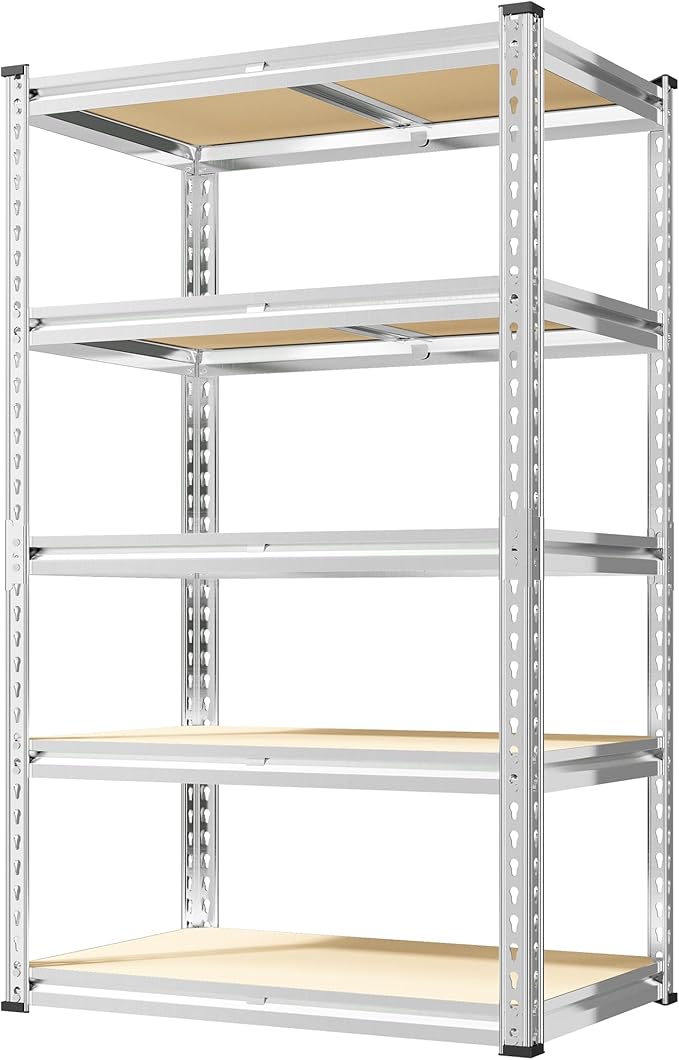 REIBII 2000LBS Storage Shelves 5 Tier Garage Shelving Heavy Duty Metal Shelving Adjustable Garage Shelves for Kitchen Pantry Basement 28" W x 13.8" D x 59.8" H, Silver