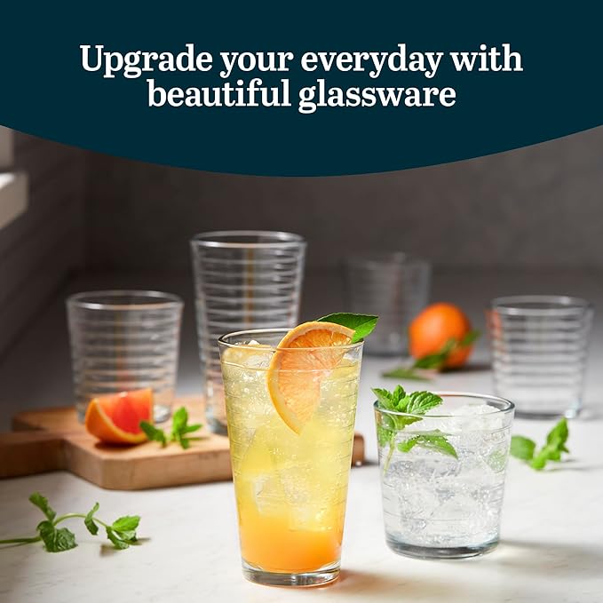 Libbey Hoops Tumbler and Rock Glass Set, Two Sized Nostalgic Retro Glass Cups Set, Dishwasher Safe Glasses Drinking Set of 16 for Any Occasion