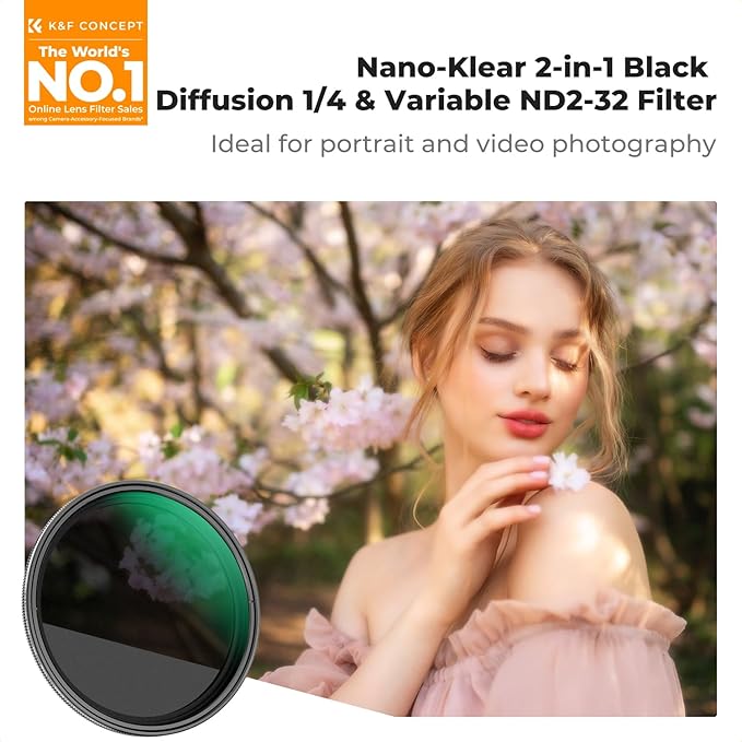 K&F CONCEPT 49mm Black Diffusion Mist 1/4 & Variable ND2-32 in-1 Filter Cinematic Effect Neutral Density Filter for Camera Lens with 18 Multi-Layer Coatings (K- Series)