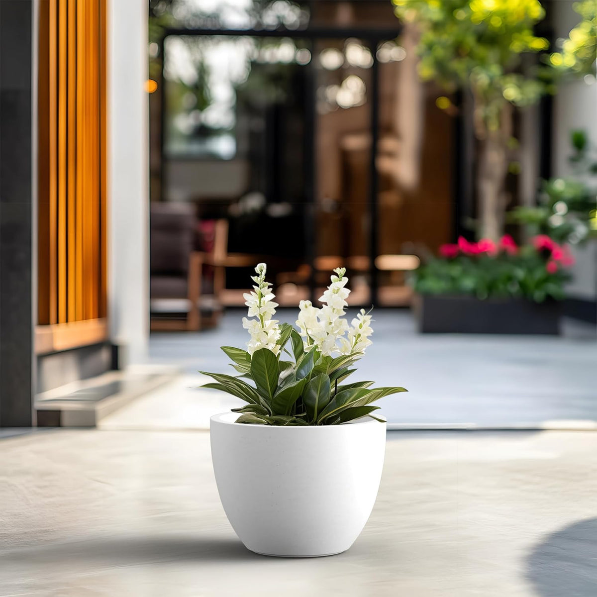 Kante 14.2 Inch Round Concrete Planter - Classic Large Indoor/Outdoor Plant Pot with Drainage Hole and Rubber Plug, Suitable for Gardens and Patios, White Finish with Aqua Blue Interior