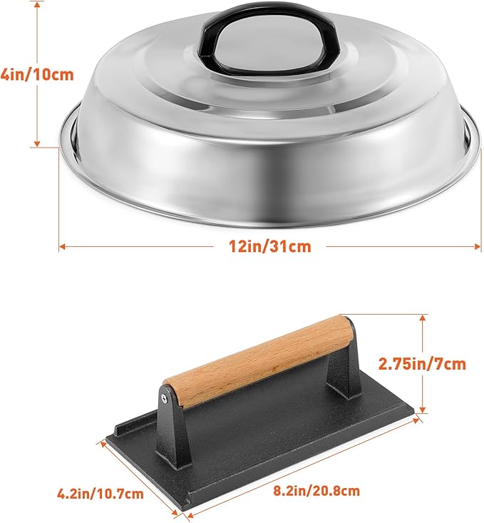 BBQ Accessories 12 Inch Round Stainless Steel Basting Cover - Cheese Melting Dome Rectangle Cast Iron Grill Press Kit for Hamburger Bacon Steak, Best for Blackstone Camp Chef Flat Top Griddle Grill