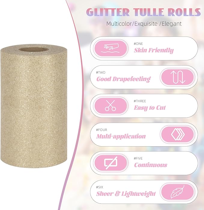 Glitter Tulle Rolls 6” by 50 Yards Sparkle Tulle Fabric Ribbon Sequin Tulle Netting Rolls for DIY Tutu Skirt Wedding Birthday Party Decoration (Ivory)