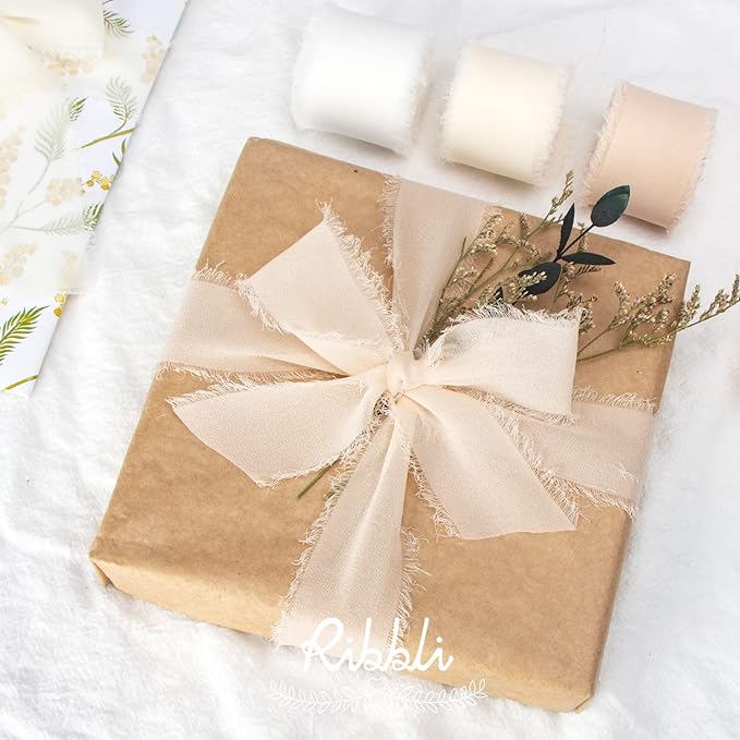 Ribbli Chiffon Ribbon - 1.5 inch x 30 Yard Handmade Silk, White/Ivory/Nude Fringe Chiffon for Wedding Invitations, Gift Wrapping, Bridal Bouquets, Flower Arrangement Decoration