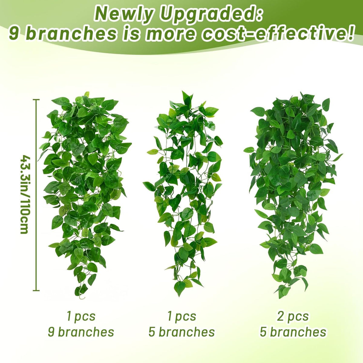 BLEUM CADE 8Pcs Fake Hanging Plants, 9 Branch Artificial Hanging Plant, Lush Faux Pothos Vines for Home Room Wall Shelf Porch Outdoor Indoor Decor (No Baskets)