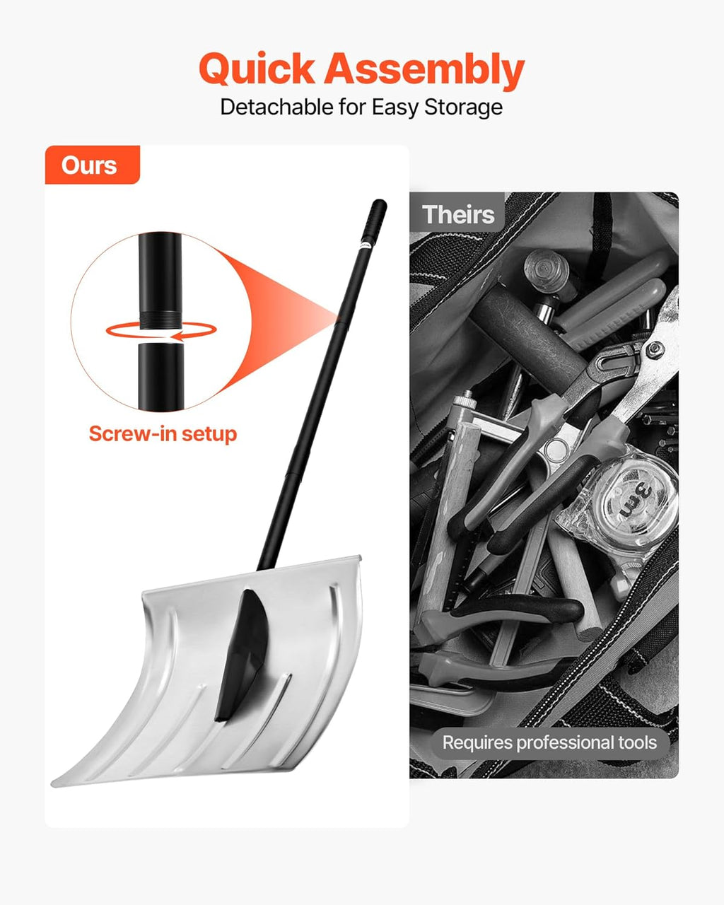 VEVOR Snow Shovel for Driveway, 16 in Wide Aluminum Alloy Snow Shovel, Non Slip Grip, Large Capacity Snowplow Shovels, Detachable & Lightweight Snows Removal Tool for Garden Car Camping Outdoors