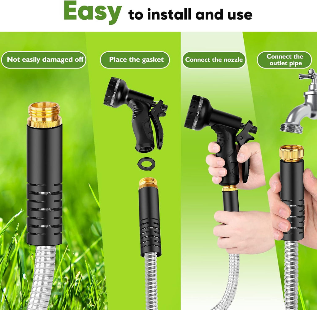 Garden Hose Metal 50FT, Stainless Steel Heavy Duty Water Hose With 10 Function Nozzle, No-Kink, Tough & Flexible, Sturdy and Lightweight, Rust Proof hose for Yard, Outdoor, RV