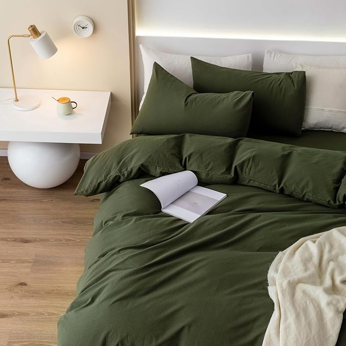 JIYUAN 100% Washed Cotton Duvet Cover Set 2 Pieces Twin, 1 Duvet Cover 68x90 Inches(Comforter Not Included) and 1 Pillowcases,Linen Feel Bedding Set Comfy and Breathable,Olive Green