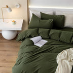 JIYUAN 100% Washed Cotton Duvet Cover Set 3 Pieces Oversized Queen, 1 Duvet Cover 98x98 Inches(Comforter Not Included) and 2 Pillowcases,Linen Feel Bedding Set Comfy and Breathable,Olive Green