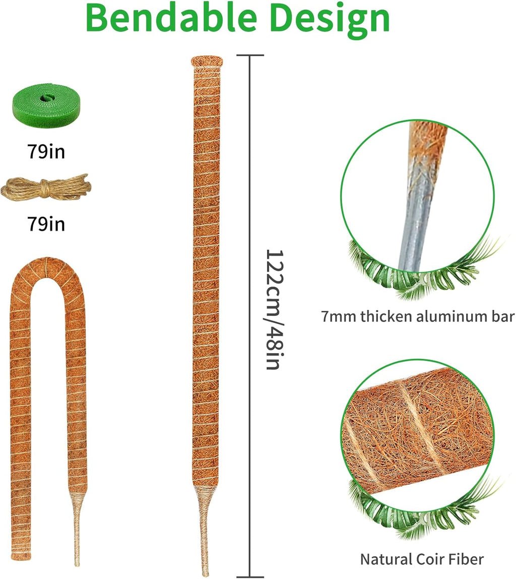 2 Pack 48 Inch Moss Pole Monstera Plant Support, Coir Moss Poles for Climbing Indoor Plants, Bendable Plant Stake Trellis for Potted Plant, Pothos, Philodendron