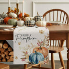 Fall Thanksgiving Cotton Linen Table Runner for Dining Kitchen, Orange Pumpkins Outdoor Party Autumn Tablerunners Decoration, Rustic Wheat Leaves Dresser Scarf Coffee Tablecloth Runners 13x60 Inches