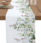 Botanical Eucalyptus Cotton Linen Table Runner for Dining Kitchen, Wedding Outdoor Party Tablerunners Decoration, Sage Green Leaves Elegant Floral Dresser Scarf Coffee Tablecloth Runners 13x108 Inches