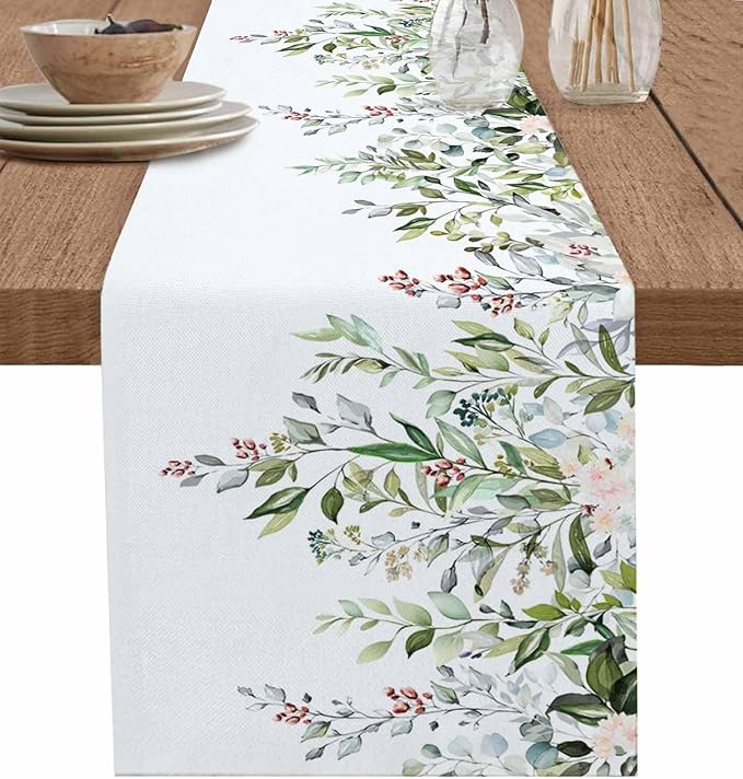 Botanical Eucalyptus Cotton Linen Table Runner for Dining Kitchen, Wedding Outdoor Party Tablerunners Decoration, Sage Green Leaves Elegant Floral Dresser Scarf Coffee Tablecloth Runners 13x108 Inches