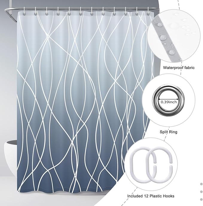 Punkray Ombre Blue Shower Curtain for Bathroom with Hooks, White Shower Curtain Set, Stripe Bath Curtains Decorative Shower Curtains Water Repellent Washable, 72 x 84