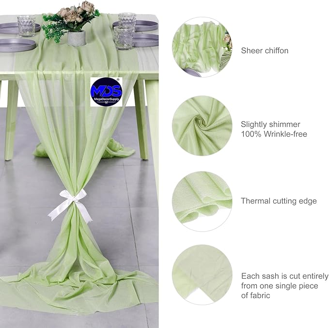 MDS Halloween Chiffon Table Runner - 20 Pack, 29 x 170 Inches, 14ft Each - Sheer Spooky Table Runners for Haunted House Parties, Trick-or-Treat Tables, Witchy Décor, Wedding & Events - Sage Green