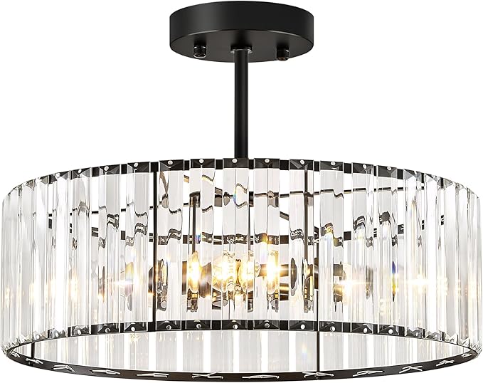 Crystal Black Ceiling Light, Modern Semi Flush Mount Ceiling Lighting Fixture, Round Hallway Lighting Fixtures Chandelier for Kitchen Entryway Bedroom Dining Room, 3-Light, 15.7 Inch