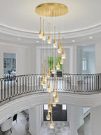 138'' High Ceiling Chandelier for Entryway Gold Raindrop Crystal Chandeliers for Living Room Foyer Staircase Flush Mount Sloping Ceiling Pendant Light Fixture LED Dimming 2700k-6000k