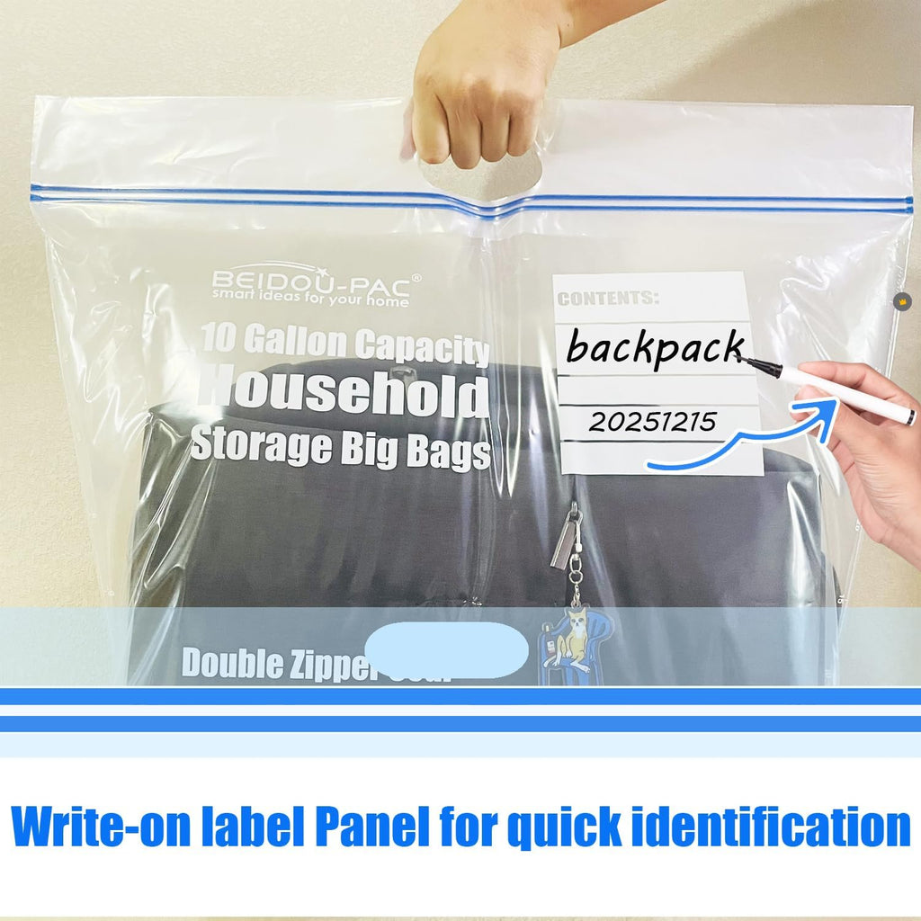 10 Gallon Large Storage Bags with Handle, 25 Counts | Double Zipper Seal | Expandable Bottom, Resealable Clear zip Bags