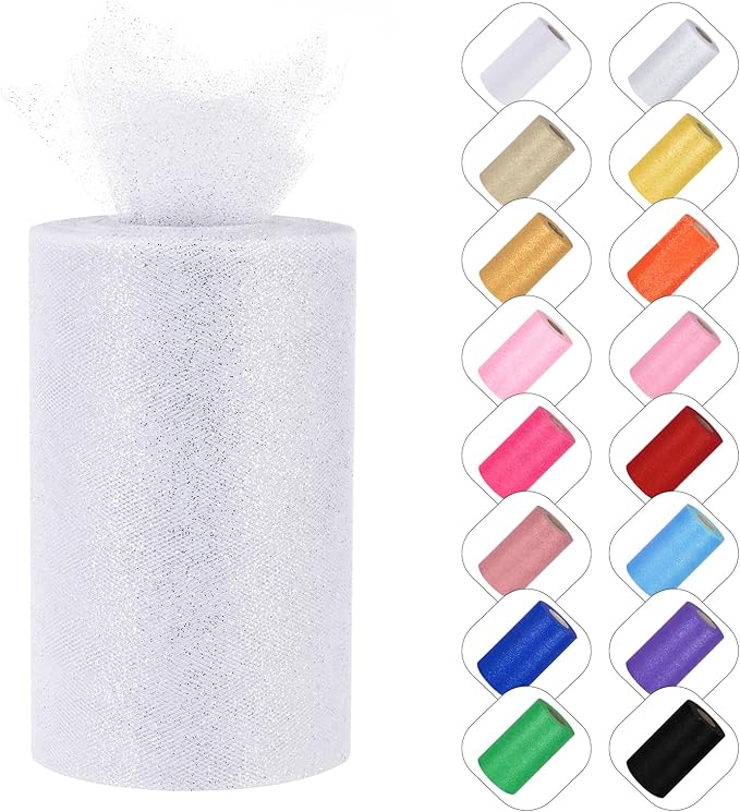 Glitter Tulle Rolls 6” by 50 Yards Sparkle Tulles Fabric Ribbon Sequin Tulle Netting Rolls for DIY Tutu Skirt Wedding Birthday Party Decoration (White/Silver-New)