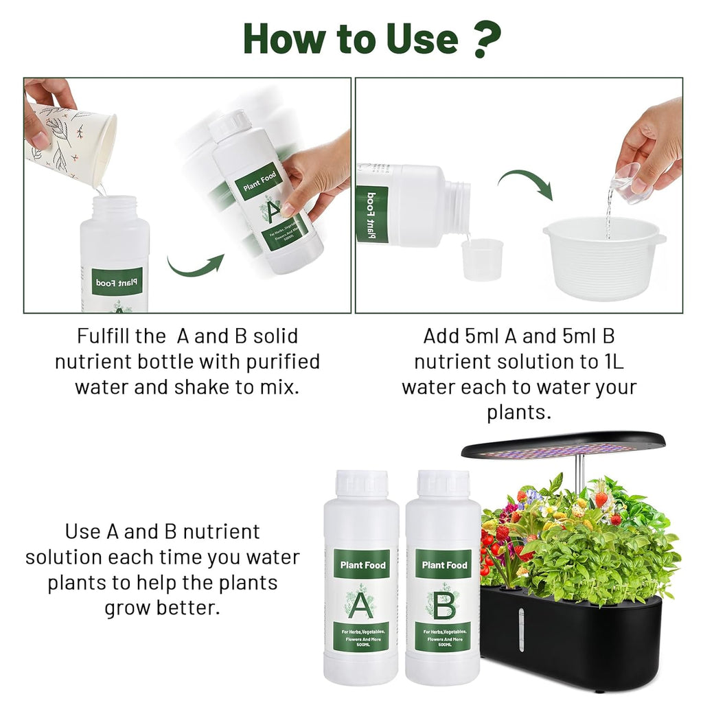 1000ml Hydroponic Nutrients A&B for Aerogarden Plant Food with 2 Measuring Cups - Fertilizer for Indoor Hydroponics Garden & Growing Vegetables, Fruits, Flowers (1000ml)