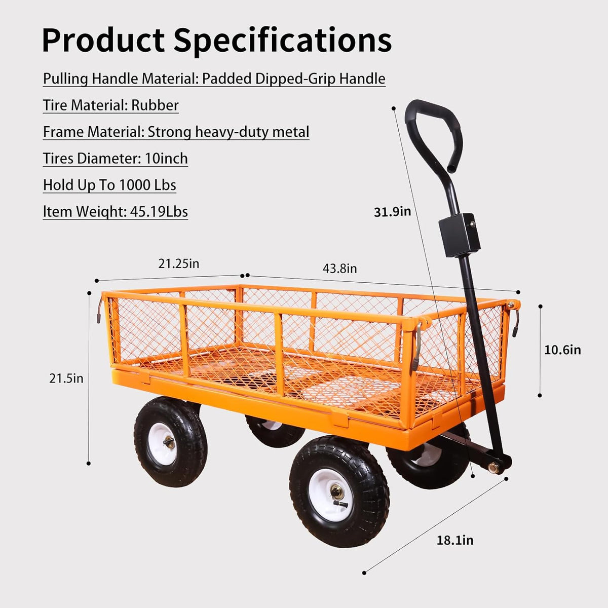 AAIN 1000 lbs Metal Garden Cart, Heavy Duty Garden Wagon with Removable Steel Mesh Sides, Utility Yard Carts with 180° Rotating Handle with 10 inch Wheels, 4cu.ft Load Capacity Outdoor Wagons