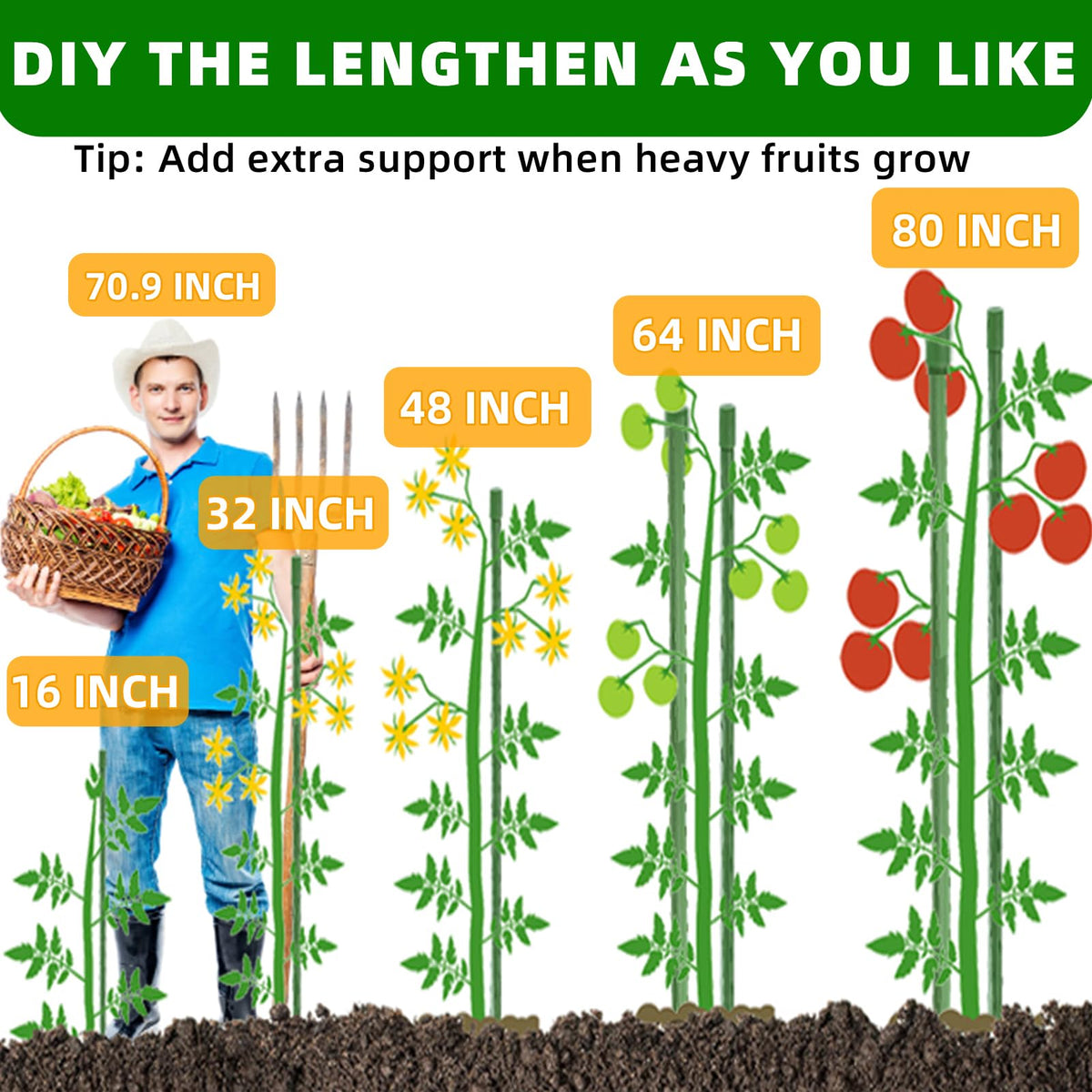 Fabulas Garden Stakes 16 Inch 70 Pack, Diy 4ft 5ft 6ft 7ft 8ft Tomato Stakes Plastic Coated Metal Plant Sticks Stakes Supports with 40 Connectors 30 Rotatable Clips for Indoor Outdoor Plants Vegetable
