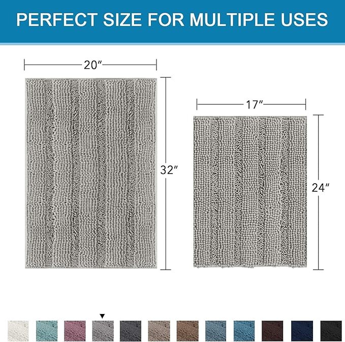 Non Slip Thick Shaggy Chenille Bathroom Rug Mat Set Extra Soft and Absorbent Striped Floor Rugs, 2 Piece, Machine-Washable