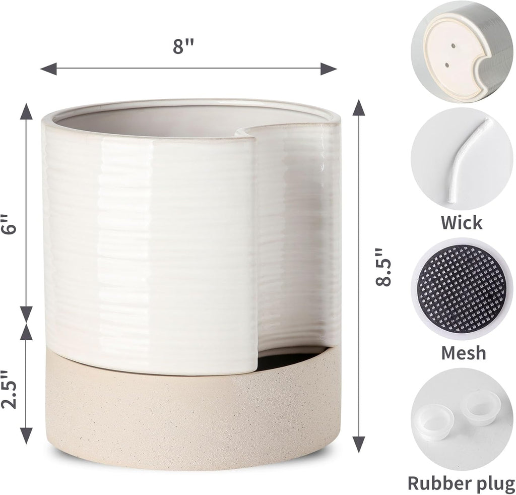 Nihow Self Watering Plant Pot: 8 Inch Ceramic Planter with Drainage Hole & Water Storage Plus for Indoor & Outdoor Plants - Cylinder Round Flower Pot for Succulent/Herbs/Violets - Cream White & Brown