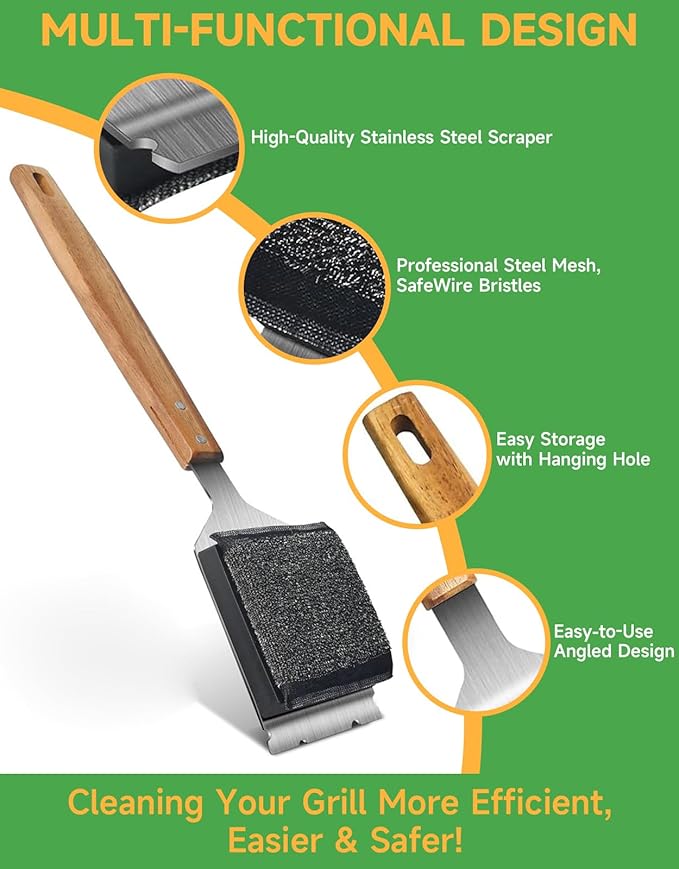 Grill Brush Cleaning BBQ Outdoor: GEEKHOM Bristle-Free Steel Fibers Scraper for Any Grill/Flat Top Griddles - with 1 Replaceable Head - Perfect for Safe & Efficient Grilling