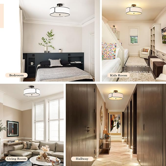 16" Semi Flush Mount Ceiling Light - 3 Lights Drum Light Fixture with Black Border White Fabric Shade, Farmhouse Close to Ceiling Light for Bedroom Living Dining Room Foyer and Hallway