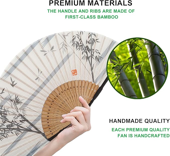 Amajiji 8.27"(21cm) Hand Held Bamboo Silk Folding Fan Hand Fan,Chinese/Japanese Charming Elegant Vintage Retro Style,Women Ladys Girls Best Gifts (White Bamboo Forest)