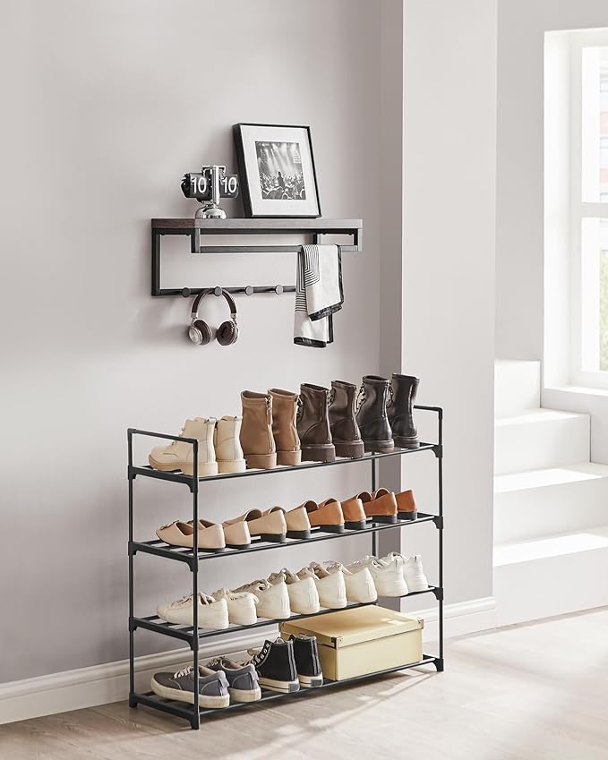 SONGMICS Shoe Rack, 4-Tier Shoe Organizer, Metal Storage Shelf, Upright or Upside Down, for 20-25 Pairs, Stackable, for Entryway, 11.8 x 36.2 x 29.5 Inches, Black ULSA14BK