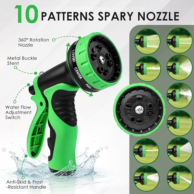 Garden Hose 100 FT, Non-Expanding Lightweight Water Hose with 10 Function Nozzle, Flexible, Kink Free, Wear-Resistant Fabric Leak Proof Garden Hoses for Outdoor, Yard, Lawn, Car, Marine, RV, Pet Bath