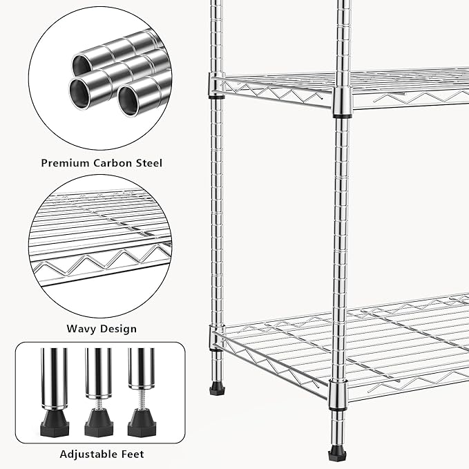 1250 lbs 5 Tier Shelf Metal Storage Shelves Wire Rack Closet Organizers with Wheel for Garage Kitchen Bathroom Laundry Chrome 13.7" D x 23.6" W x 62.4" H