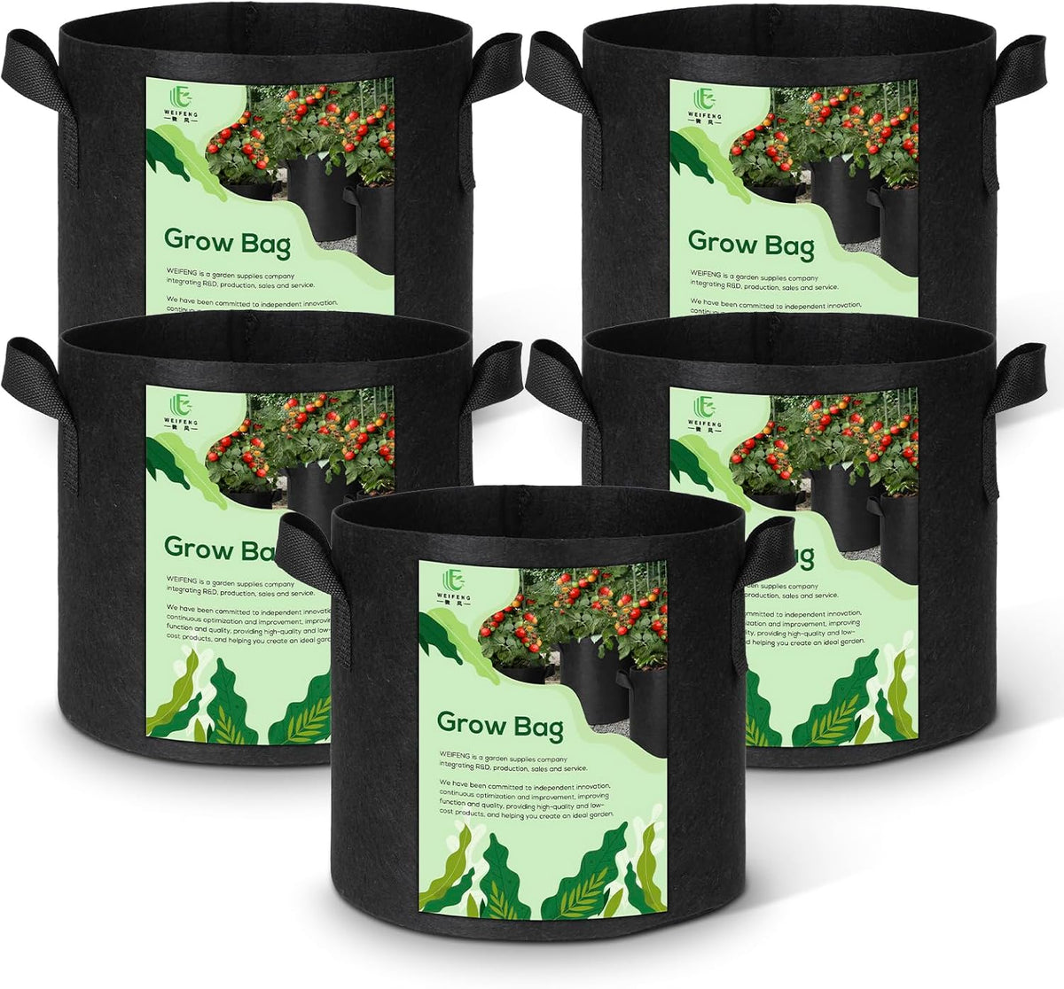 WEIFENG 10 Gallon Grow Bags Planters for Outdoor Plants 5-Pack Plant Bags with Handles