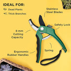 Nevlers 8" Green Anvil Pruning Shears Heavy Duty | Hand Pruners for Gardening w/Steel Blades, Safety Lock & Ergonomic Grip | 8mm Cut Plant Shears & Garden Clippers Handheld for Dead Stems & Branches