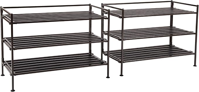 Seville Classics Sturdy Freestanding Storage Shelf for Bedroom, Closet, Entryway, Dorm Room Organizer, Stackable Durable Metal Shoe Rack, Espresso Slat, 3-Tier (2-Pack)