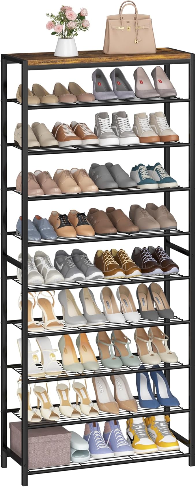 HOMEFORT 10 Tiers Shoe Rack Organizer,30" Shoe Storage Shelf for Closet, Shoe Rack for Entryway,Holds 36-40 Pairs of Shoe, Tall Shoe Stand with Metal Shelves and MDF Top Board,Rustic Brown