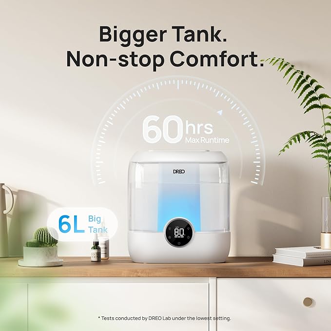 Dreo 6L Top Fill Humidifiers for Bedroom, 60H Runtime, 28 dB Quiet Supersized Cool Mist Humidifiers for Large Room, Air Humidifier for Home, Baby, Plant, Indoor, Night Light, Ultrasonic