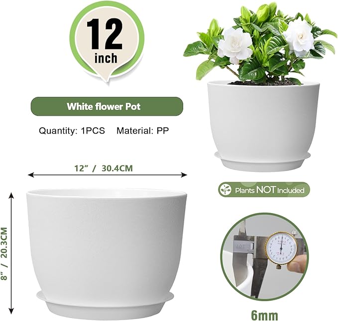 12 inch Large Plant Pots, Plastic Planters with Drainage Holes and Saucers, Flower Pots for Indoor Outdoor Plants, Modern Decorative Pots for Garden House Plants, White