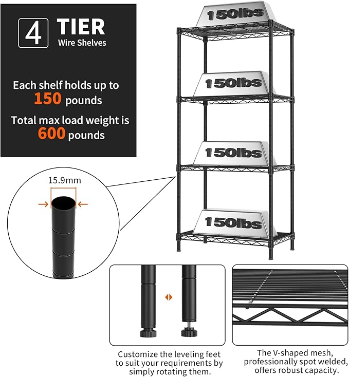 4 Tier Adjustable Storage Shelves,Heavy Duty Metal Utility Shelf 600LBS Capacity,Wire Shelving Unit Organizer Rack for Home Kitchen Office BathroomM Pantry Room 12" D x 22" W x 43.5" H Black